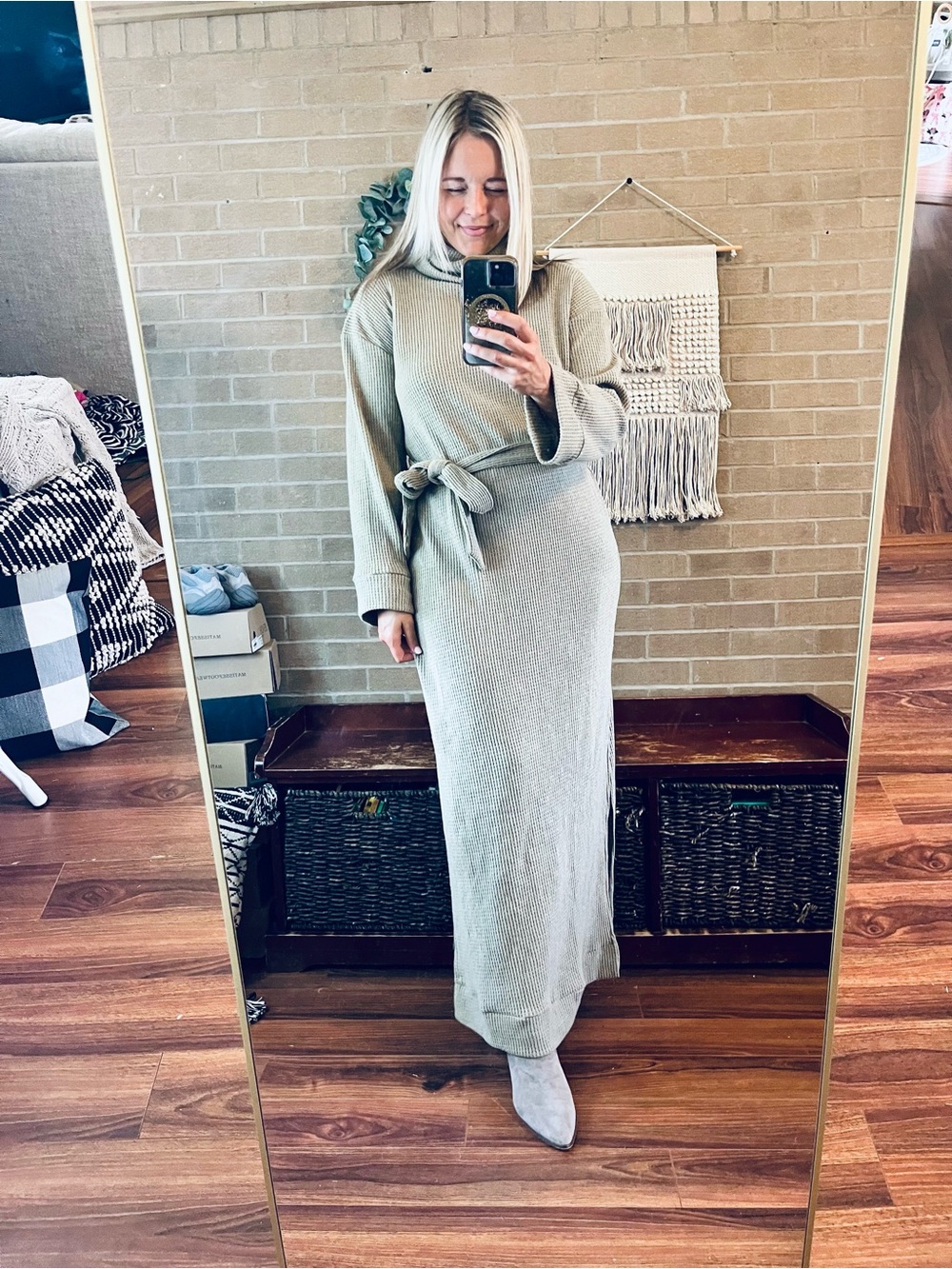 Turtleneck Belted Maxi Dress in Neutral Beige